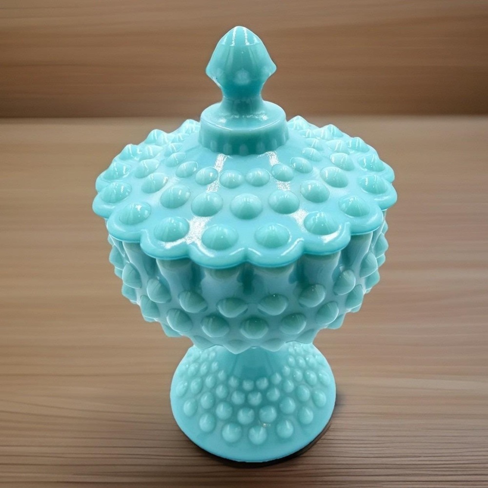 Vtg Fenton Aqua Turquoise Milk Glass Hobnail Footed Candy Dish Compote with Lid